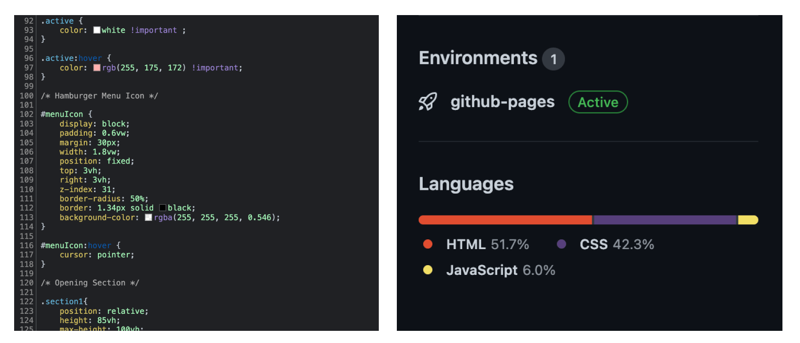 screenshots of CSS code and github